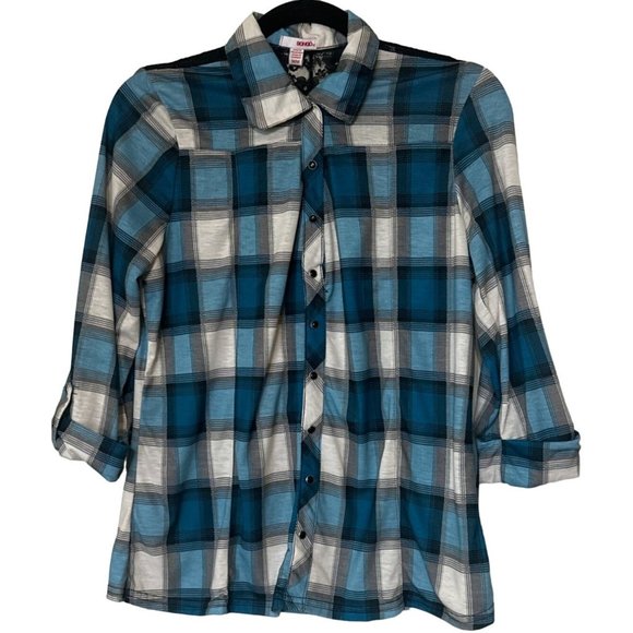 Women Bongo Brand Blouse Blue Plaid w/Lacey Back Polyester Blend Junior Size M - Picture 2 of 16